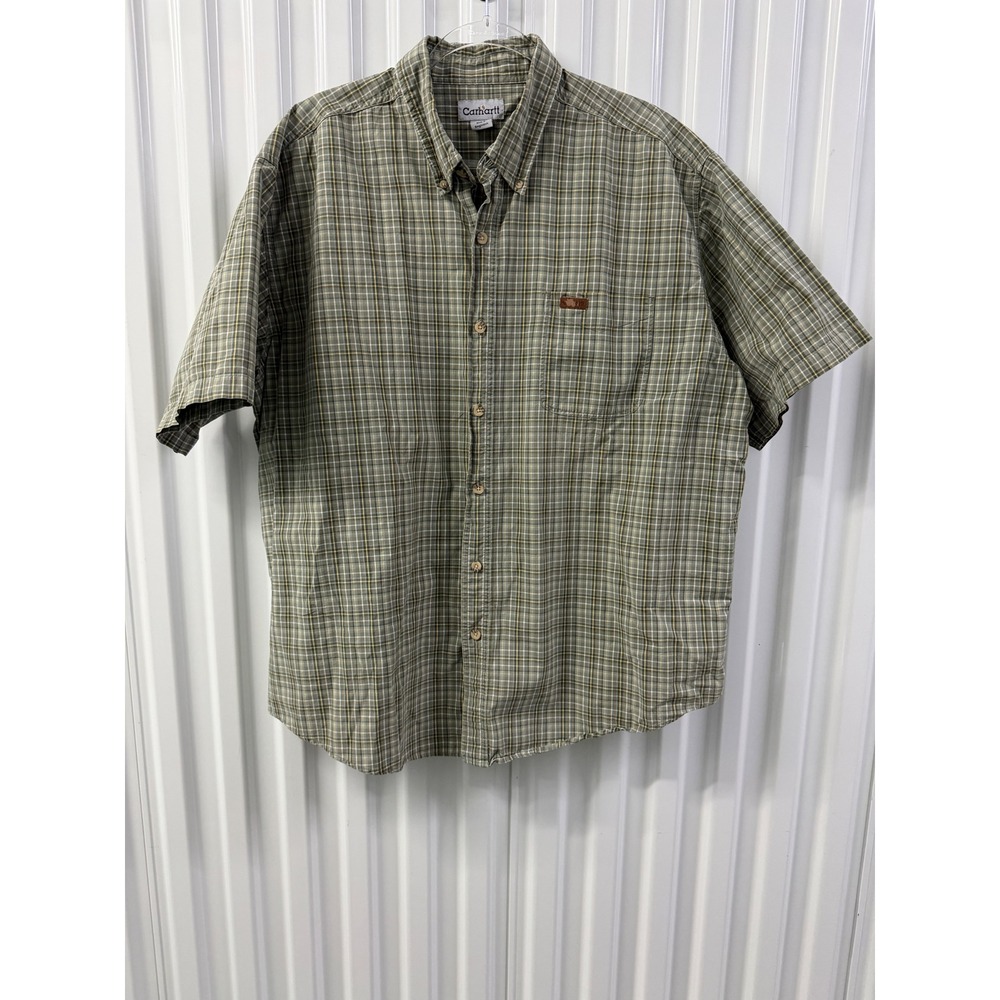 Carhartt Button Down Mens 2XL Green Plaid Good Short Sleeve Cotton S148LDN